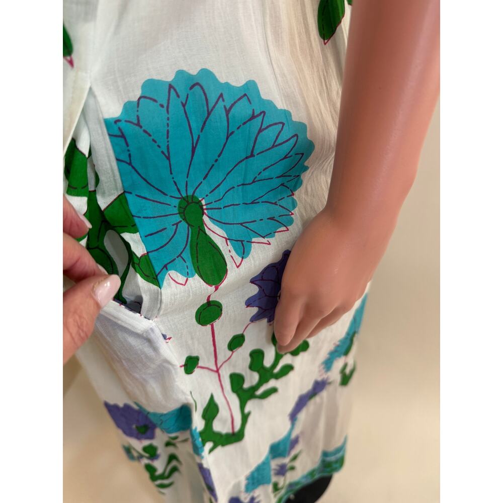 La Plage Maxi Dress Size M White Blue Purple Floral Print Tassel Tie Waist Boho - Picture 6 of 16